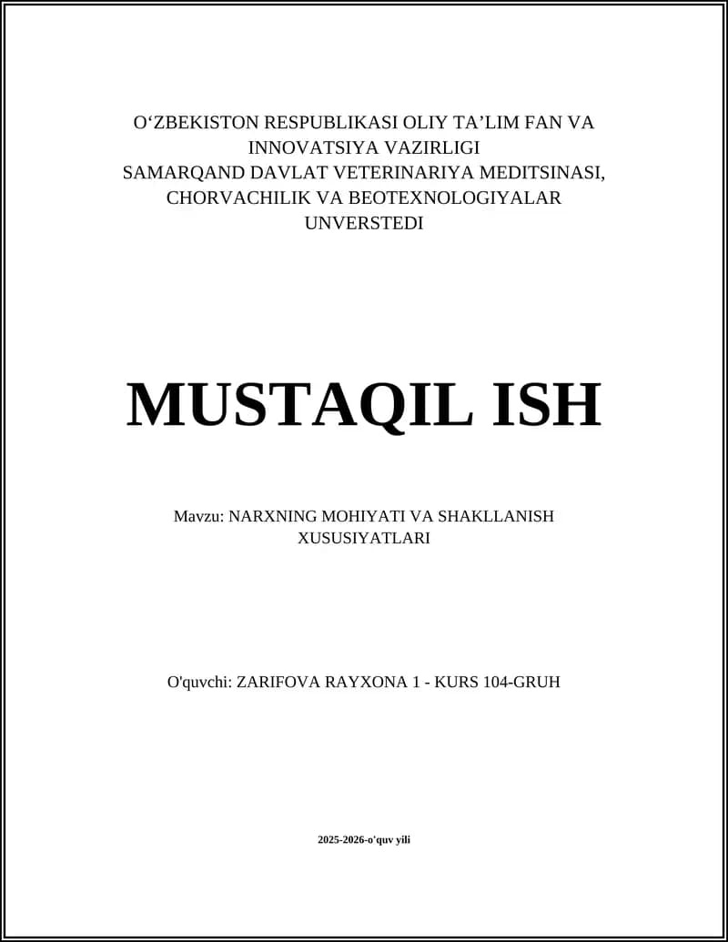 NARXNING MOHIYATI VA SHAKLLANISH XUSUSIYATLARI