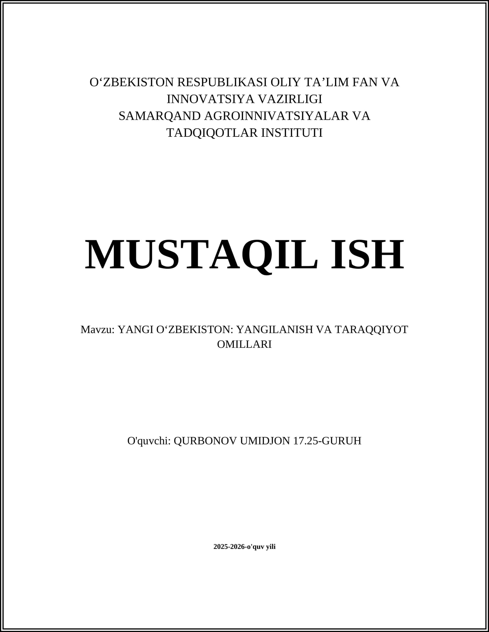YANGI OʻZBEKISTON: YANGILANISH VA TARAQQIYOT OMILLARI