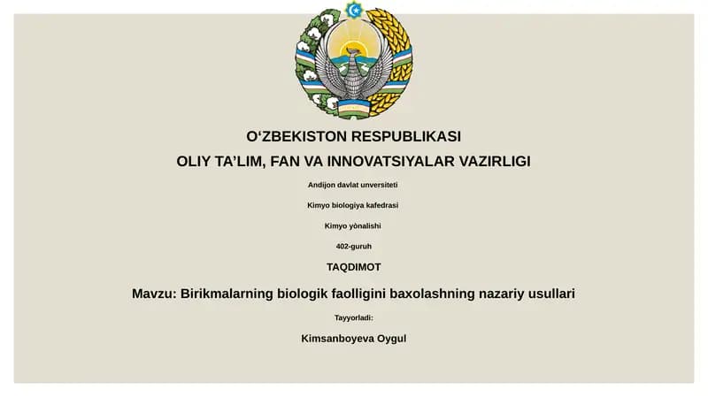 Birikmalarning biologik faolligini baxolashning nazariy usullari