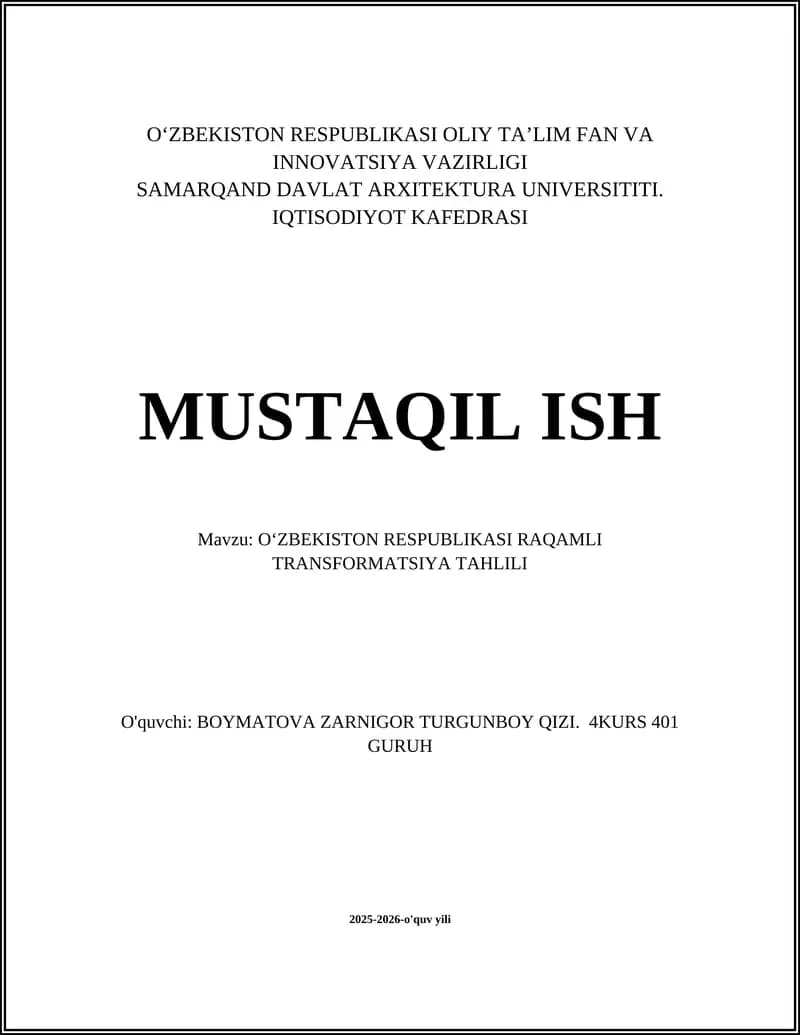 O‘ZBEKISTON RESPUBLIKASI RAQAMLI TRANSFORMATSIYA TAHLILI