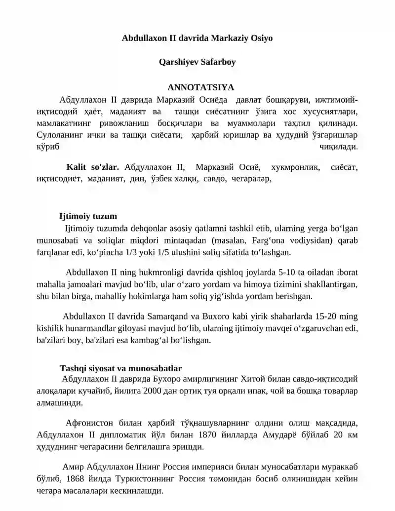 Abdullaxon II davrida Markaziy Osiyo