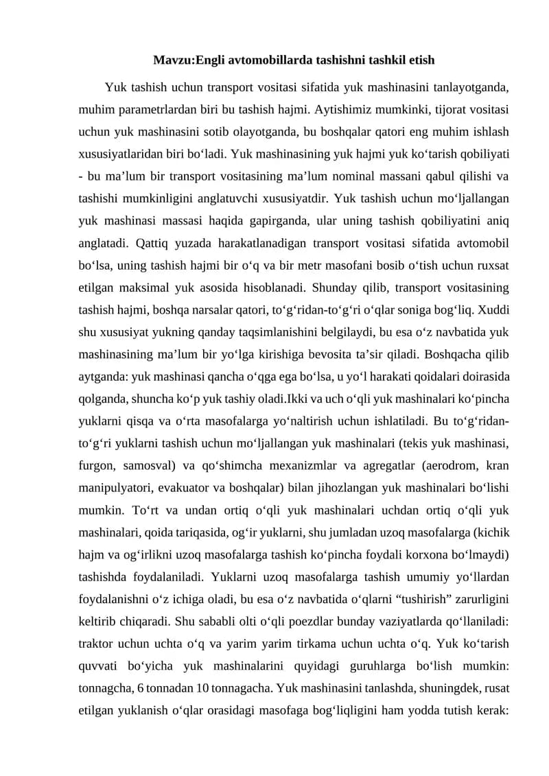 Engli avtomobillarda tashishni tashkil etish