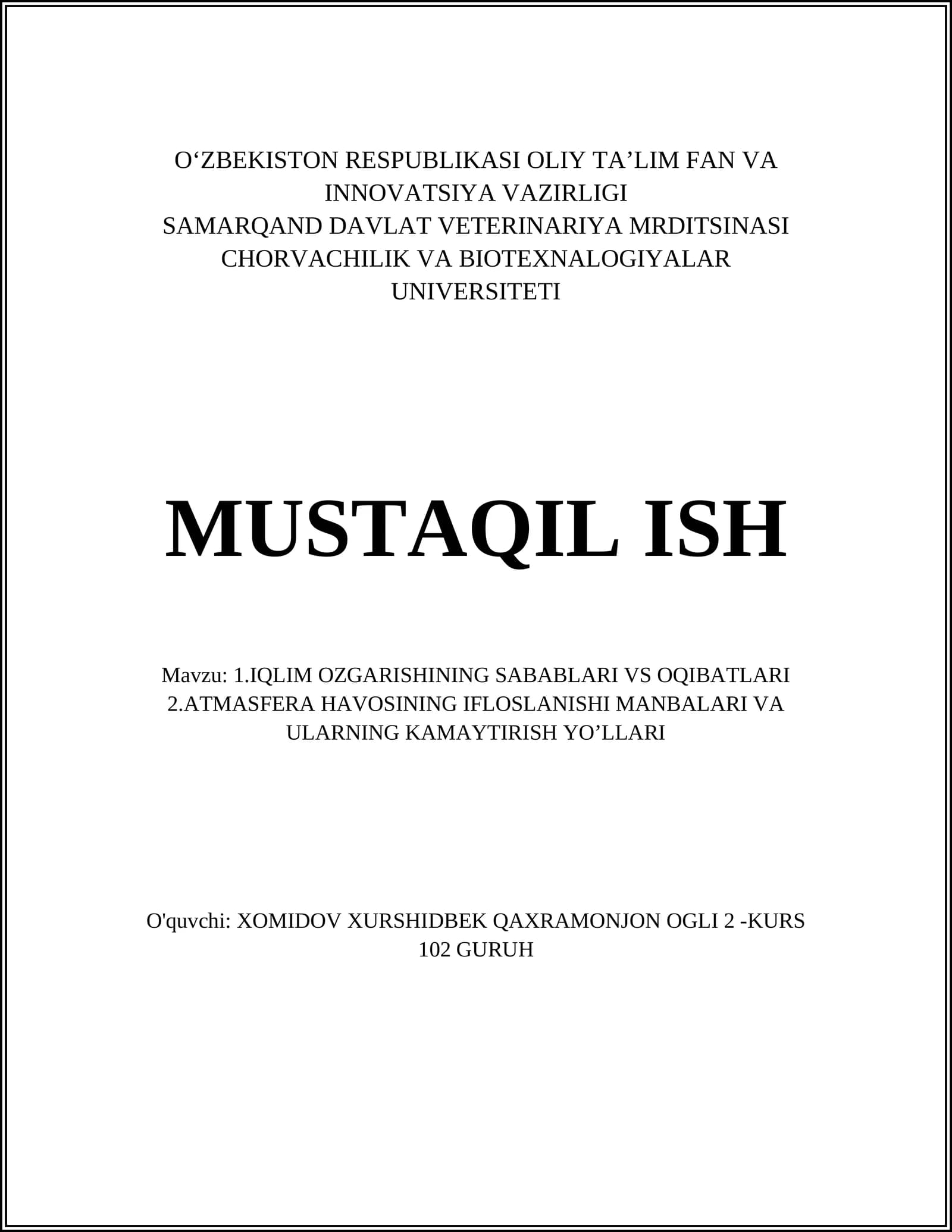 IQLIM OZGARISHINING SABABLARI VS OQIBATLARI