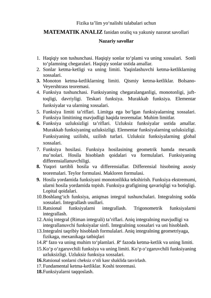 MATEMATIK ANALIZ fanidan oraliq va yakuniy nazorat savollari