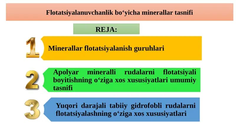 Flotatsiyalanuvchanlik bo‘yicha minerallar tasnifi