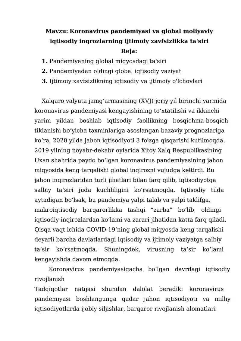 Koronavirus pandemiyasi va global moliyaviy iqtisodiy inqrozlarning ijtimoiy xavfsizlikka ta'siri
