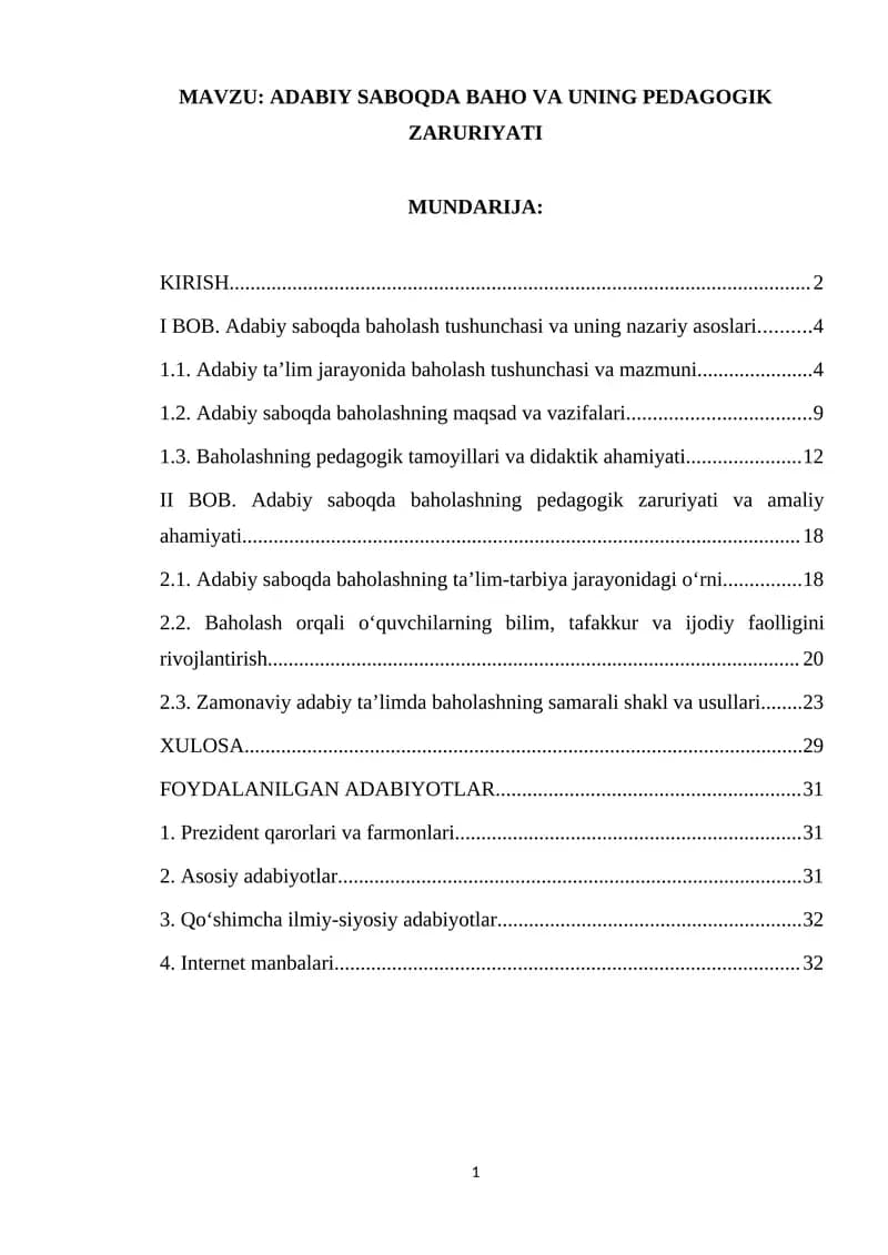 ADABIY SABOQDA BAHO VA UNING PEDAGOGIK ZARURIYATI
