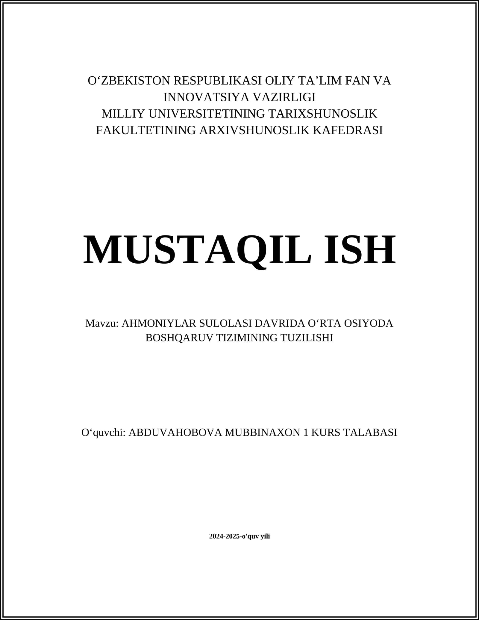 AHMONIYLAR SULOLASI DAVRIDA OʻRTA OSIYODA BOSHQARUV TIZIMINING TUZILISHI