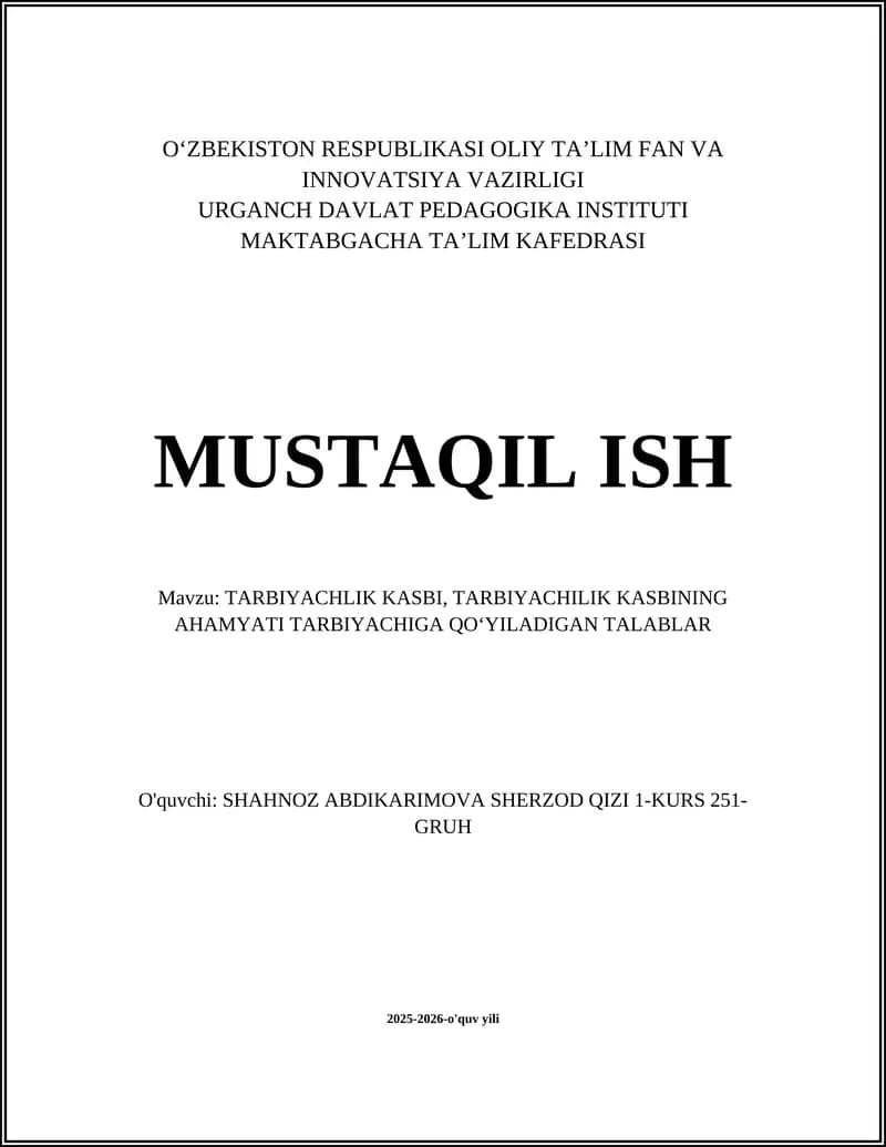 TARBIYACHLIK KASBINING AHAMYATI
