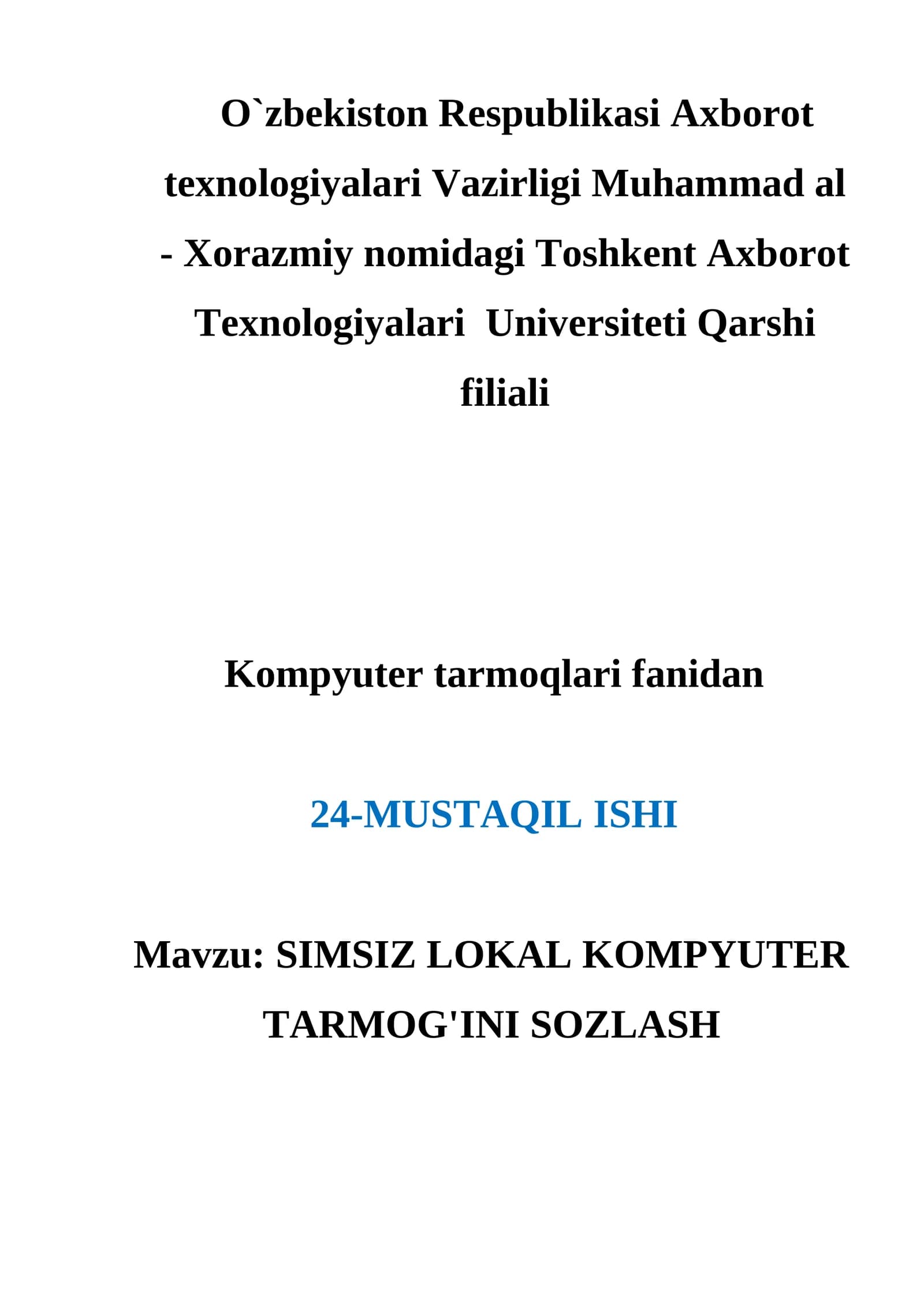 SIMSIZ LOKAL KOMPYUTER TARMOG'INI SOZLASH