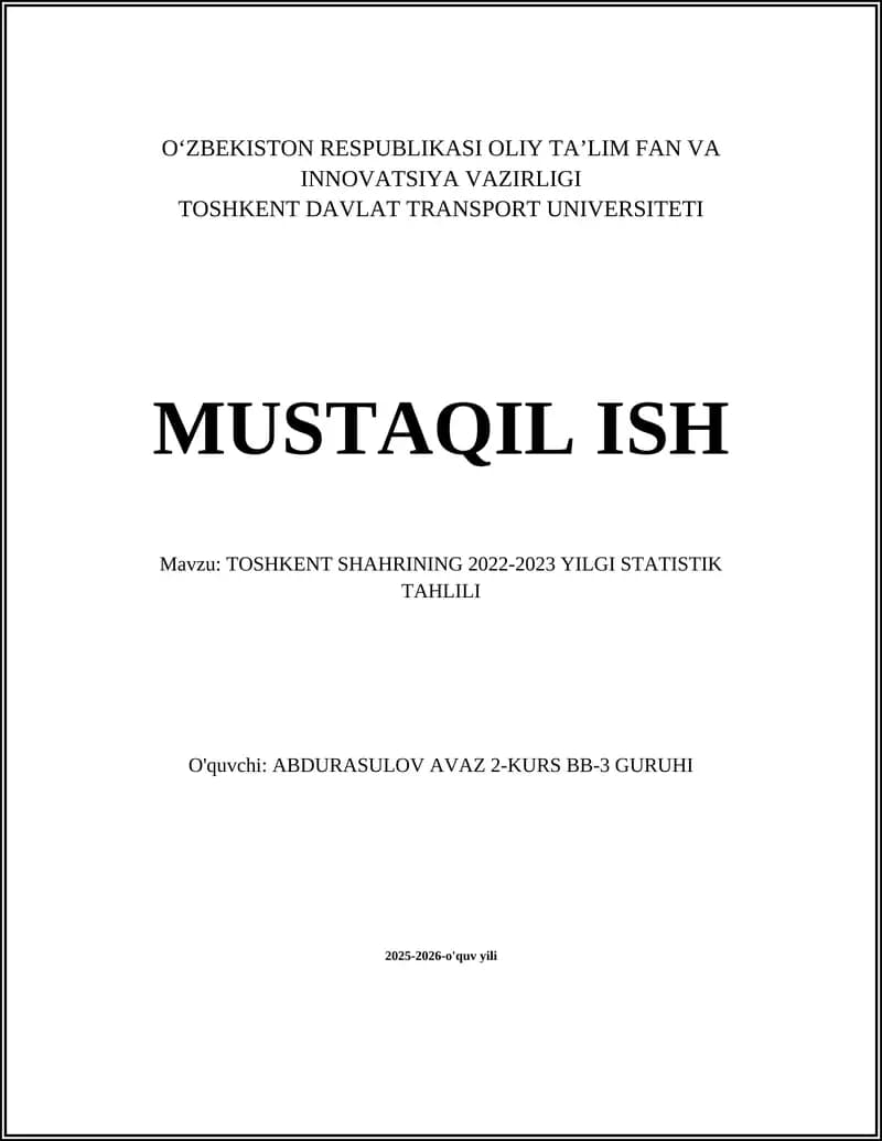 TOSHKENT SHAHRINING 2022-2023 YILGI STATISTIK TAHLILI