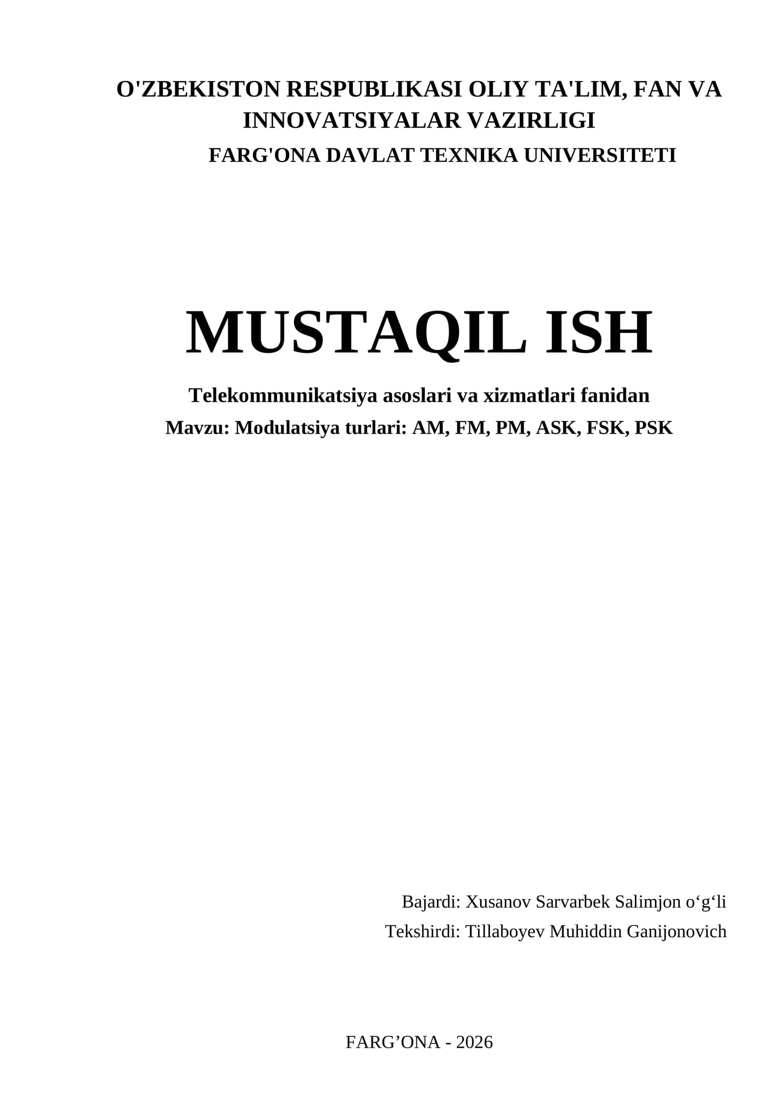 Modulatsiya turlari: AM, FM, PM, ASK, FSK, PSK