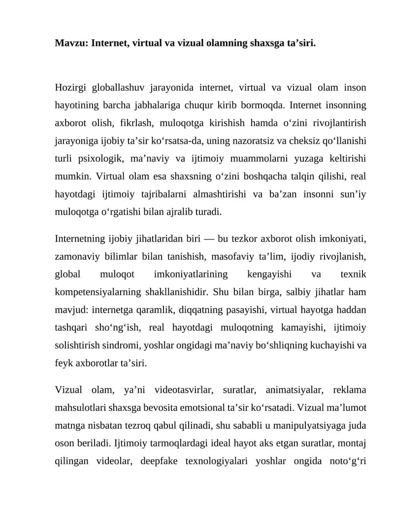 Internet, virtual va vizual olamning shaxsga ta’siri