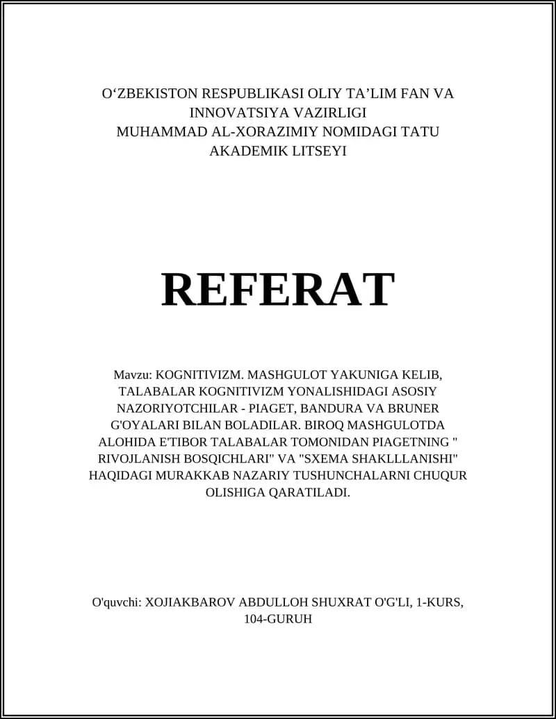 KOGNITIVIZM. MASHGULOT YAKUNIGA KELIB