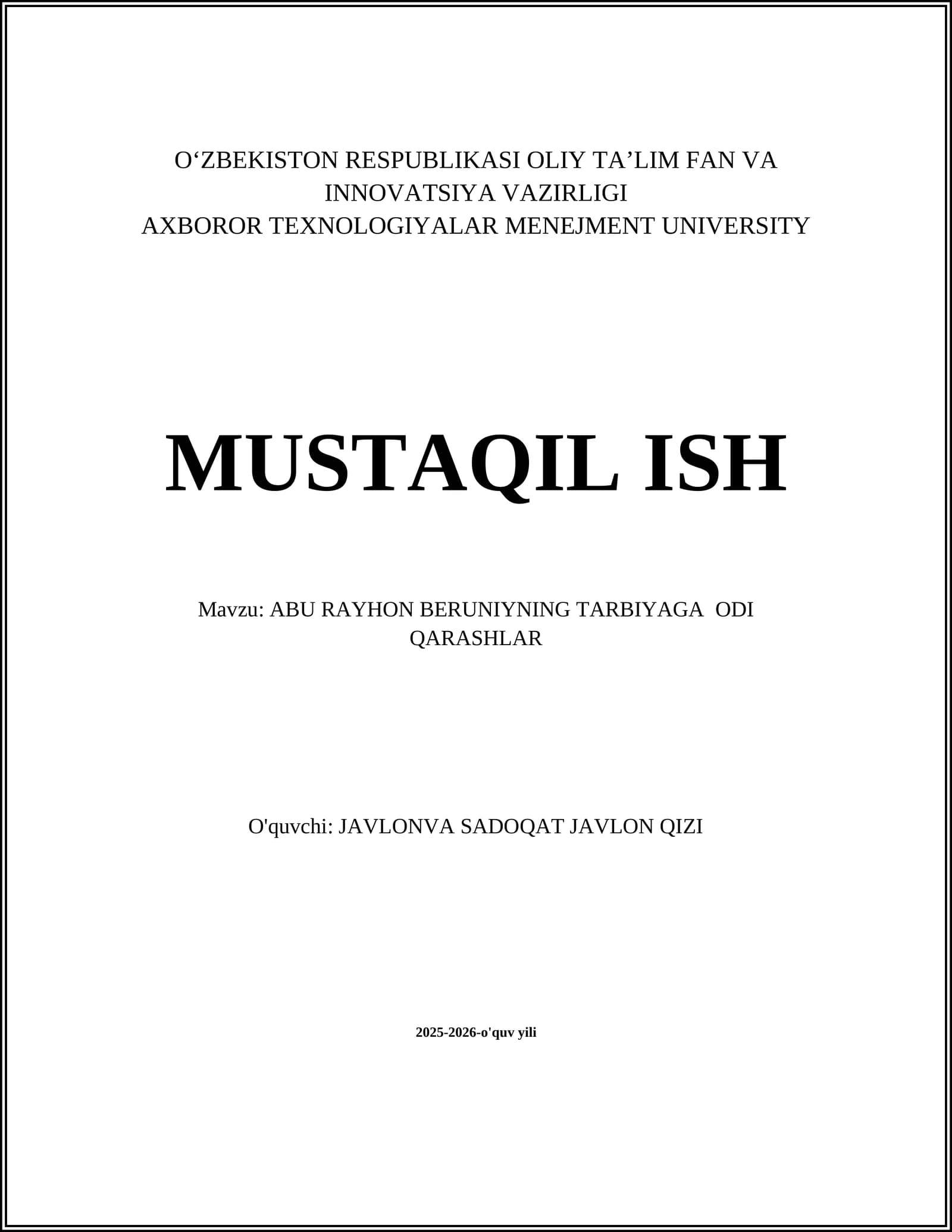 ABU RAYHON BERUNIYNING TARBIYAGA ODI QARASHLAR