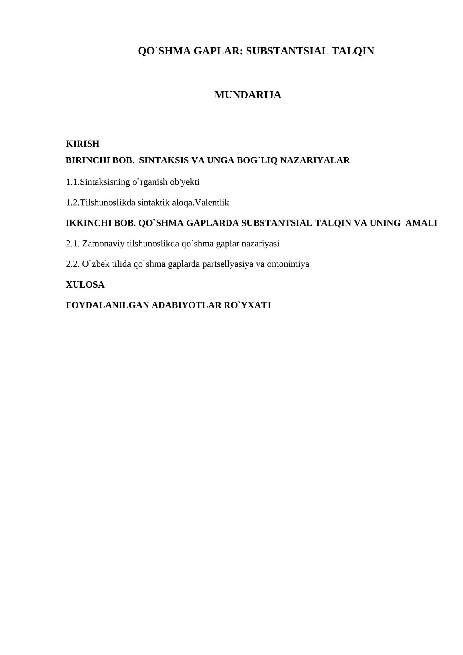 QO`SHMA GAPLAR: SUBSTANTSIAL TALQIN