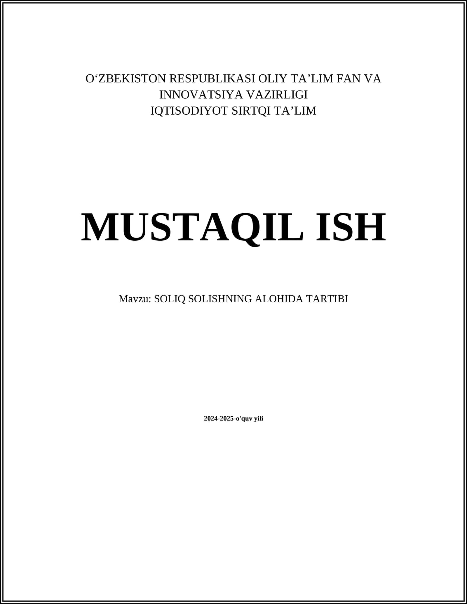 SOLIQ SOLISHNING ALOHIDA TARTIBI