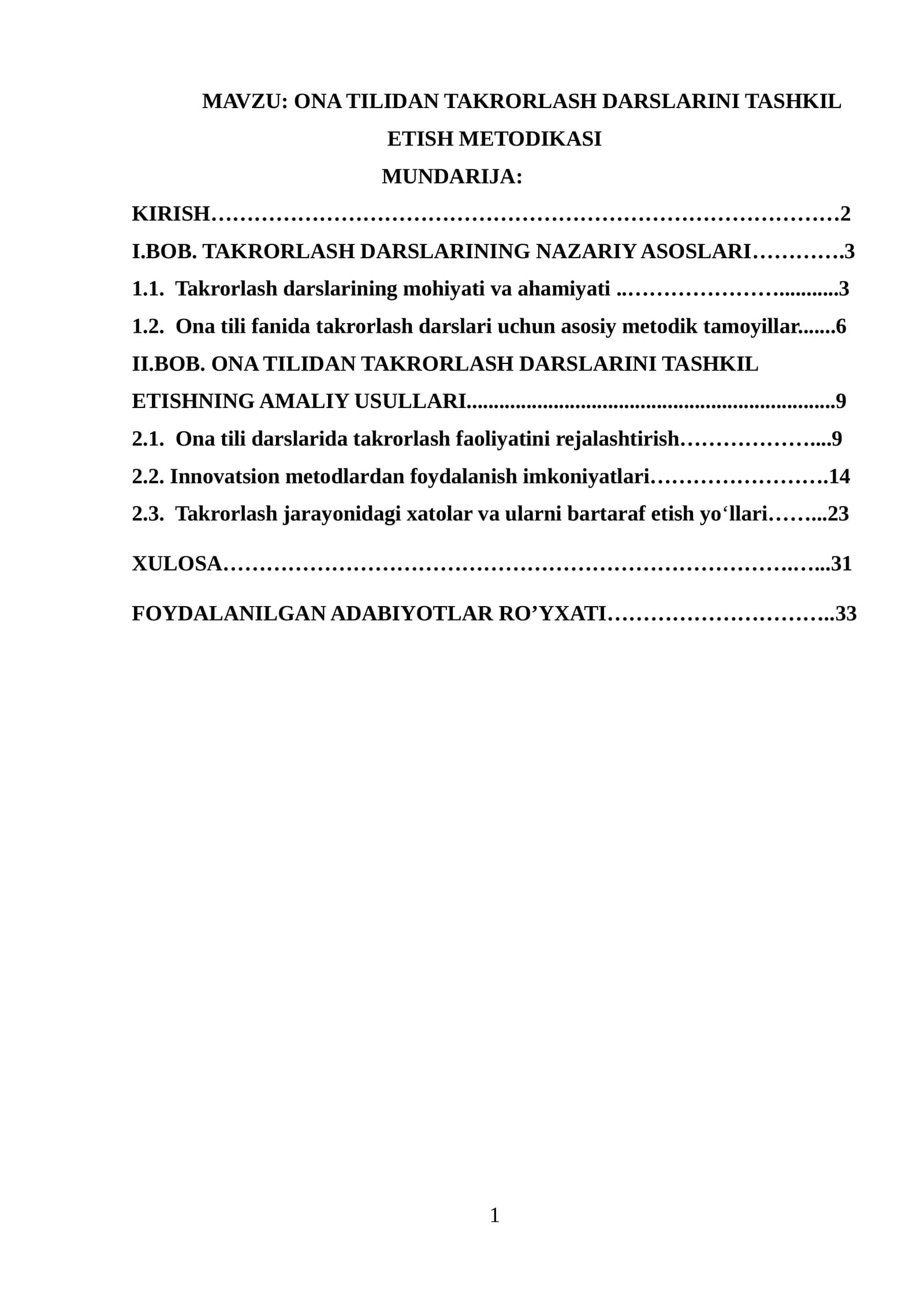 ONA TILIDAN TAKRORLASH DARSLARINI TASHKIL ETISH METODIKASI