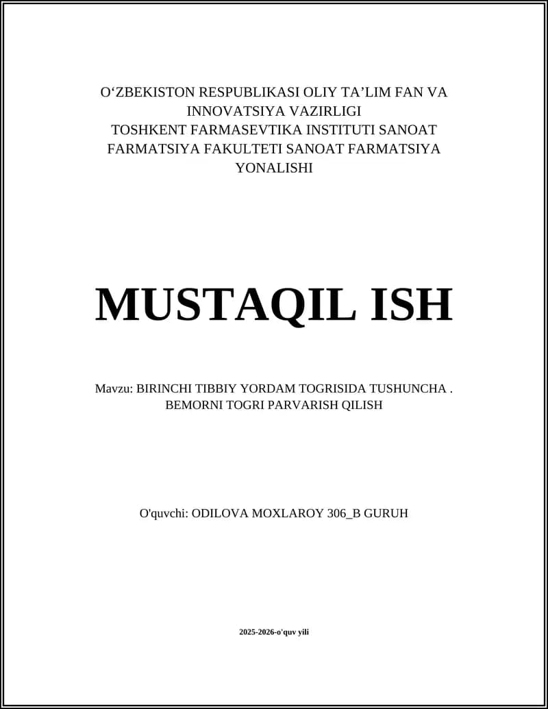TIBBIY YORDAM TOGRISIDA TUSHUNCHA. BEMORNI TOGRI PARVARISH QILISH