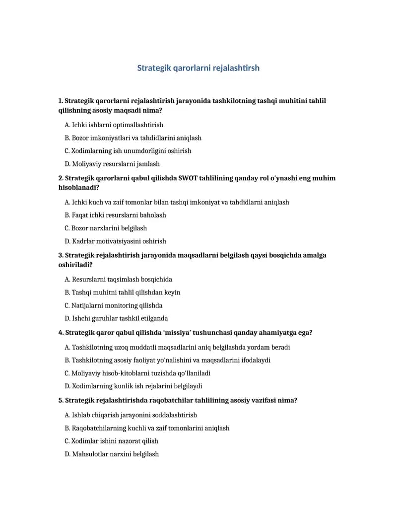 Strategik qarorlarni rejalashtirish TEST