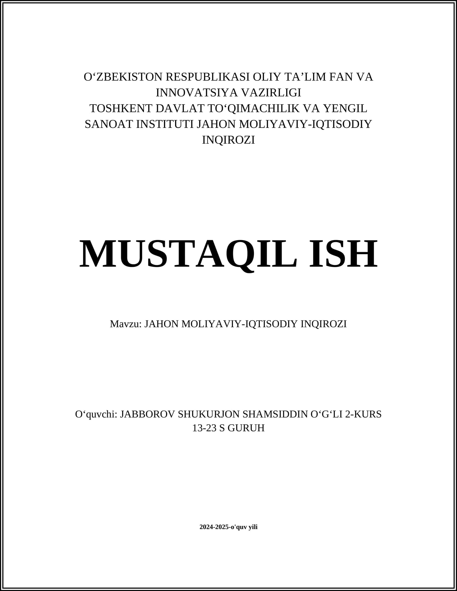 JAHON MOLIYAVIY-IQTISODIY INQIROZI