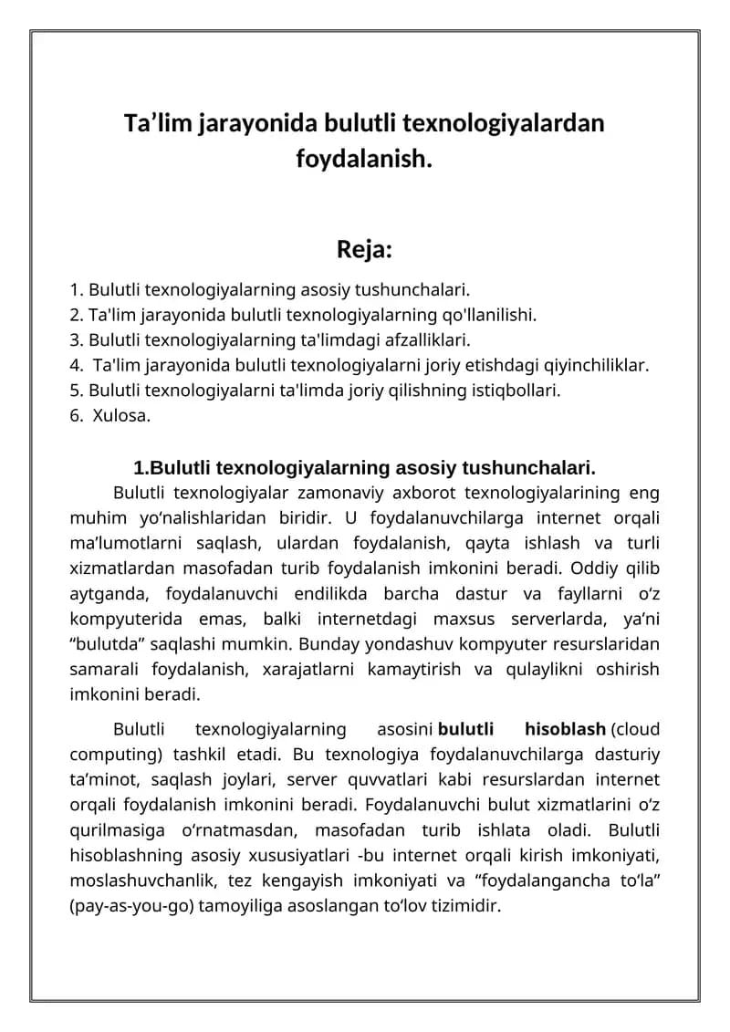 Ta’lim jarayonida bulutli texnologiyalardan foydalanish.