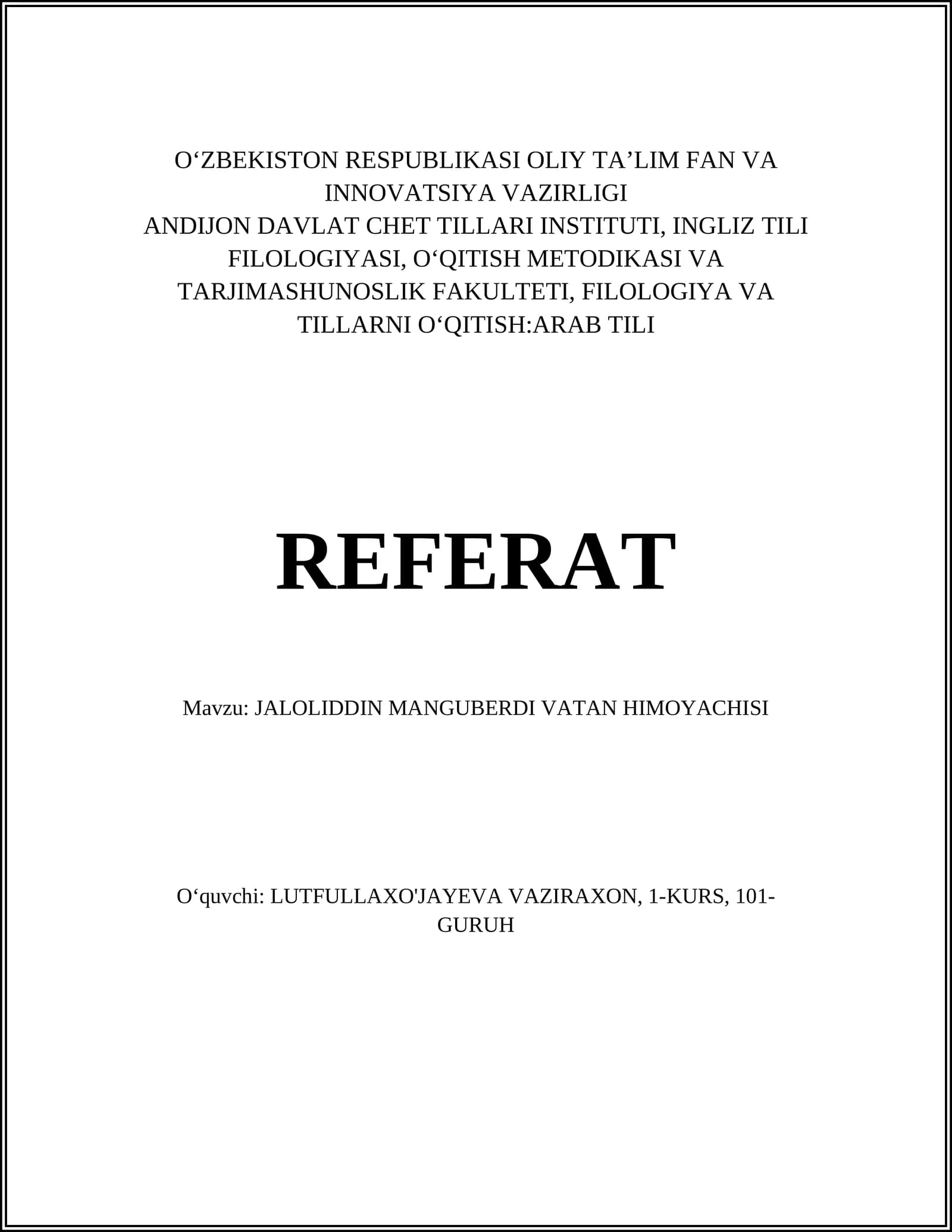 JALOLIDDIN MANGUBERDI VATAN HIMOYACHISI