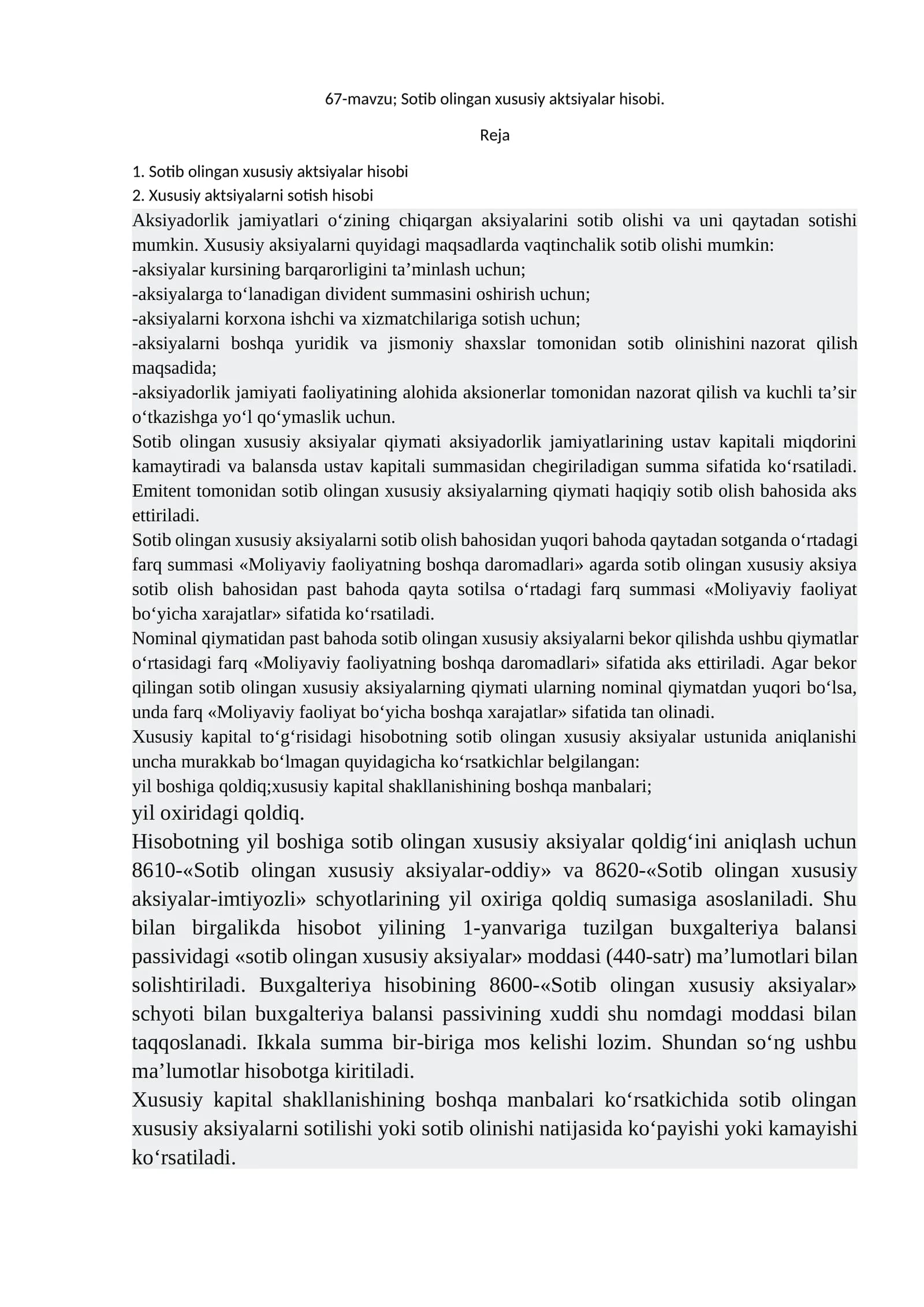 Sotib olingan xususiy aktsiyalar hisobi