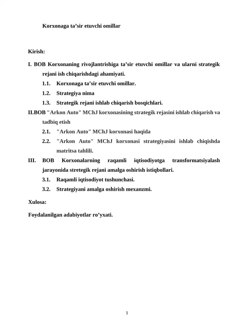 Arkon Auto MChJ korxonasining strategik rejasini ishlab chiqarish va tadbiq etish