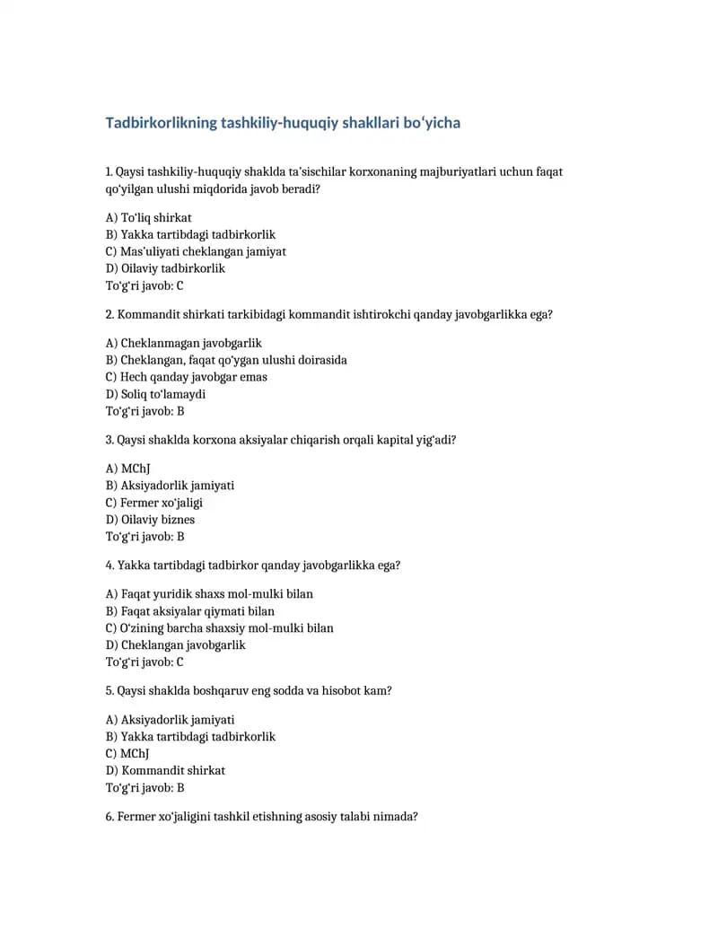 Tadbirkorlikning tashkiliy-huquqiy shakllari