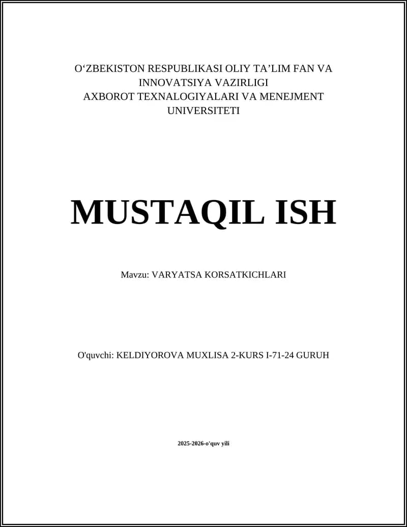 Varyatsa Ko'rsatkichlari