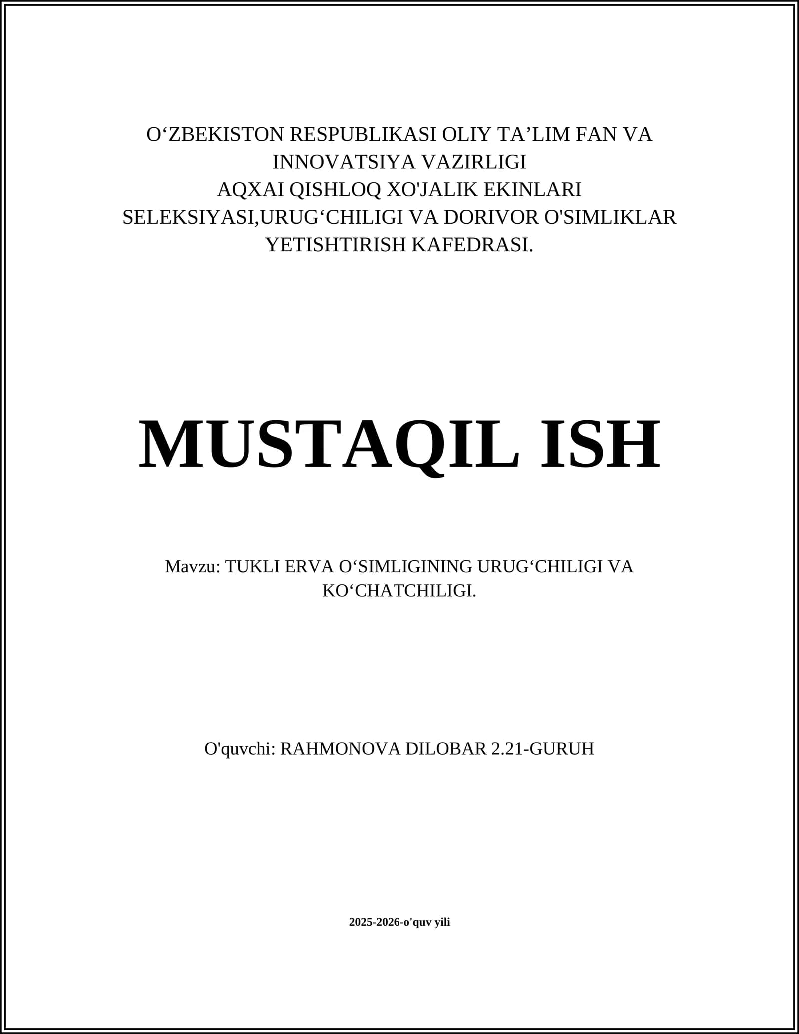 Tukli Erva O‘simligining Urug‘chiligi va Ko‘chatchiligi