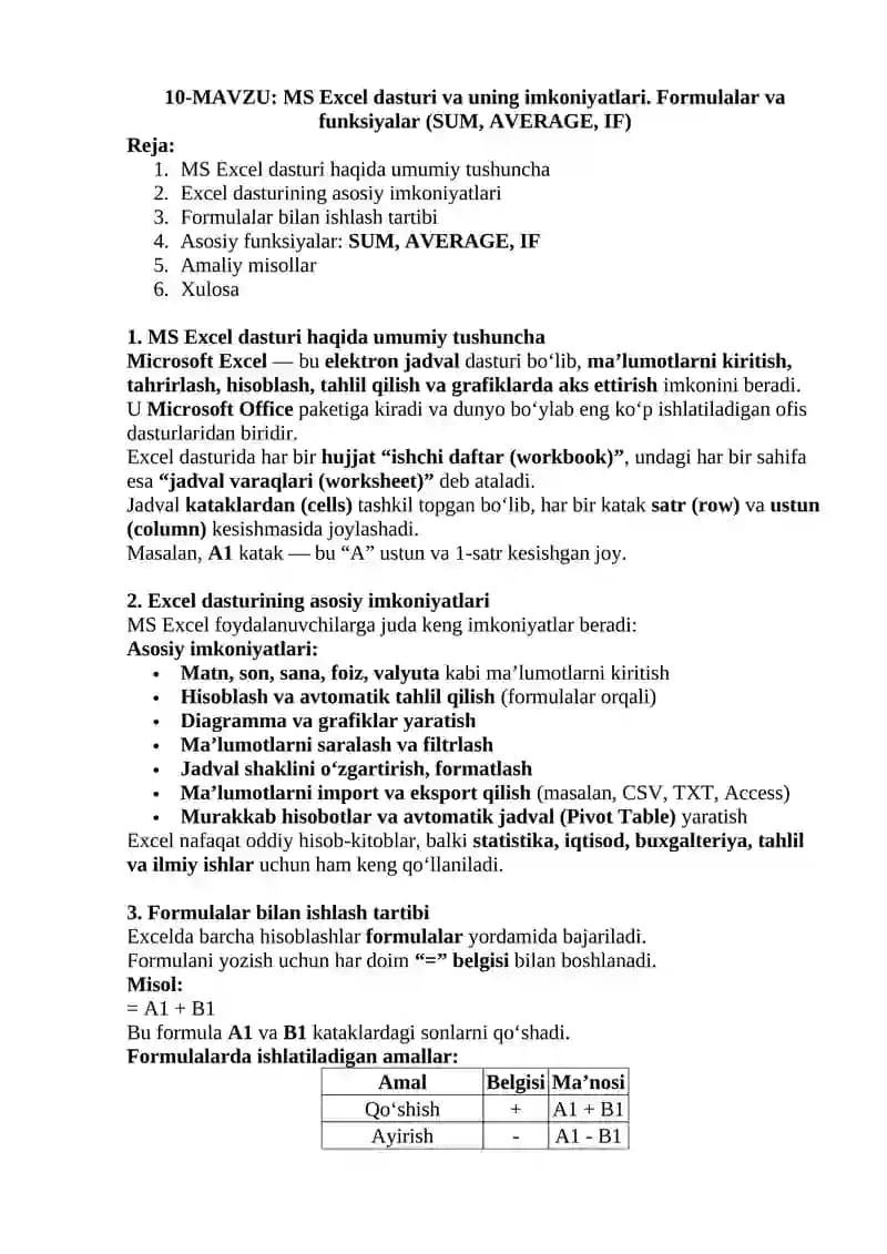 MS Excel dasturi va uning imkoniyatlari