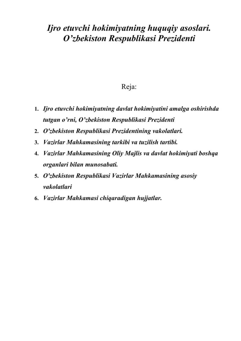 Ijro etuvchi hokimiyatning huquqiy asoslari