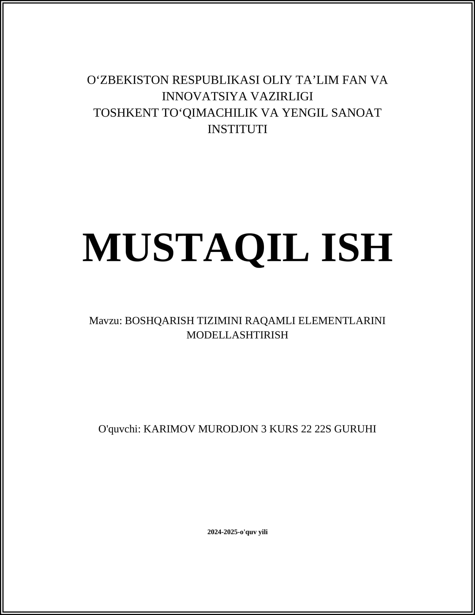 RAQAMLI BOSHQARISH TIZIMINI MODELLASHTIRISH