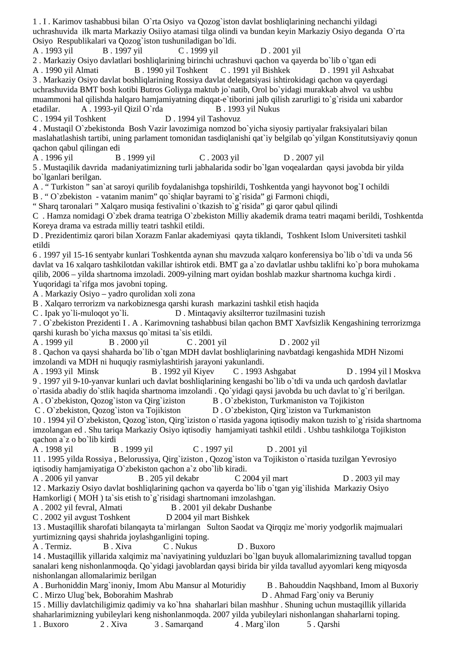Markaziy Osiyo va Qozog`iston davlat boshliqlarining uchrashuvi