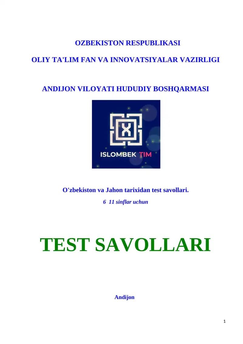 O'zbekiston va Jahon tarixidan test savollari