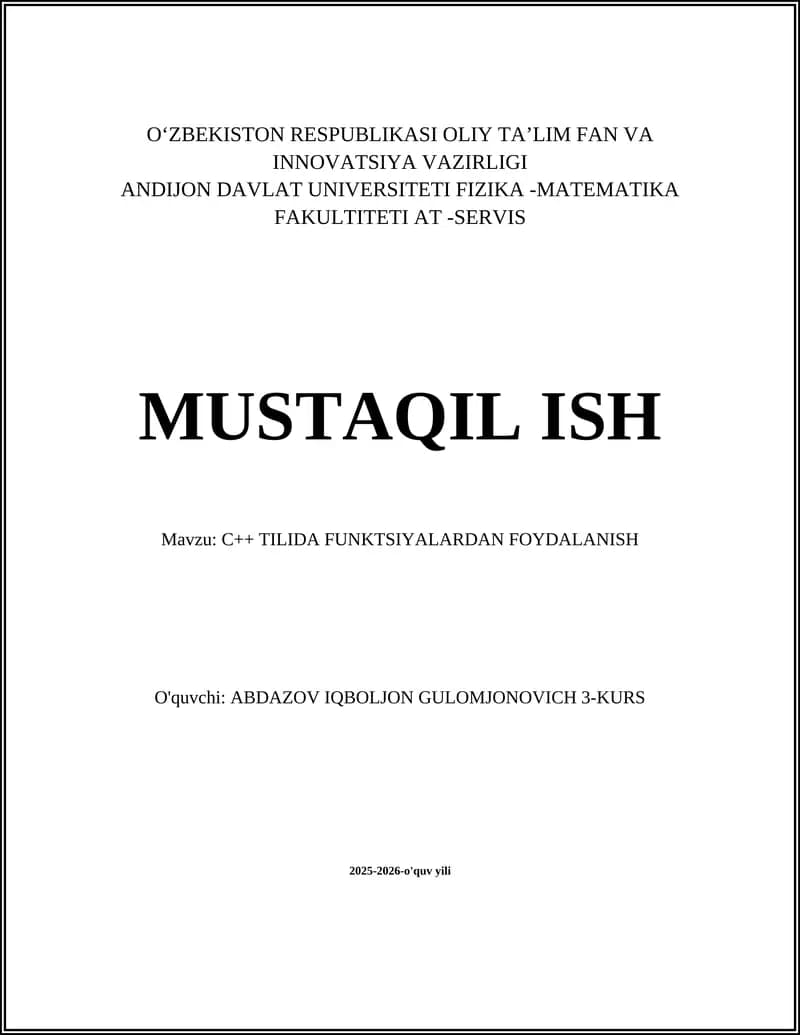 C++ TILIDA FUNKTSIYALARDAN FOYDALANISH