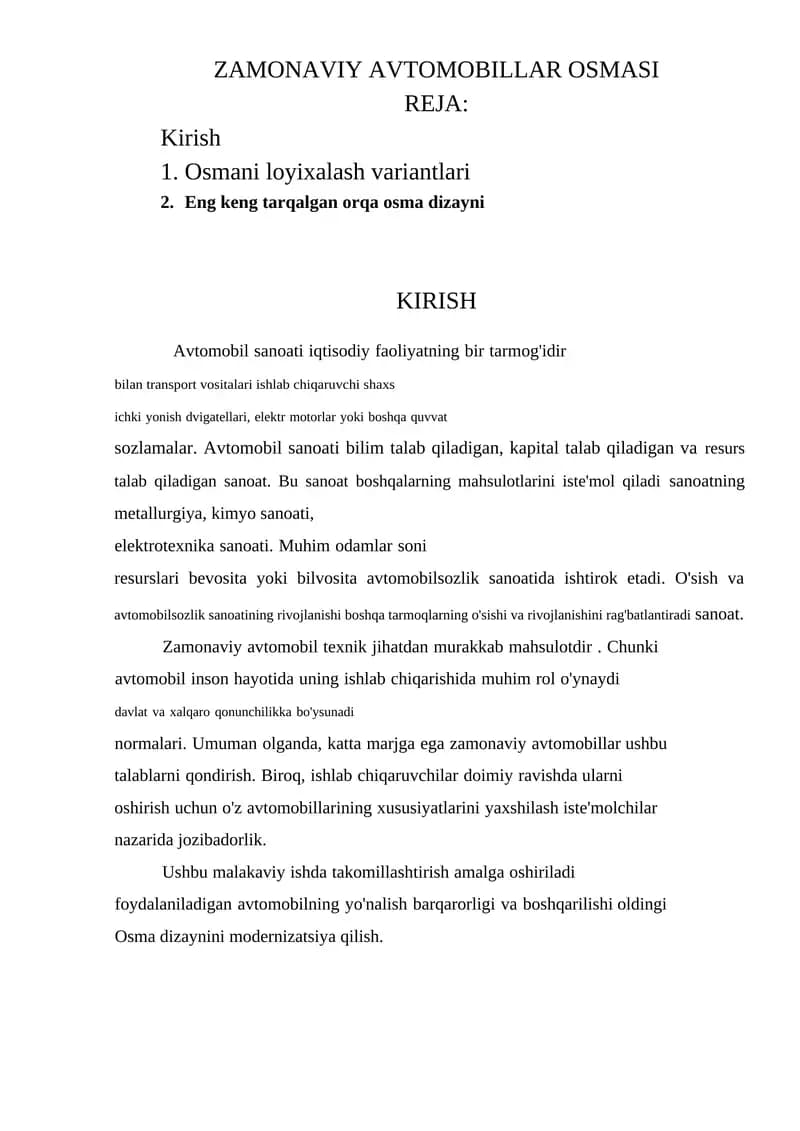 ZAMONAVIY AVTOMOBILLAR OSMASI