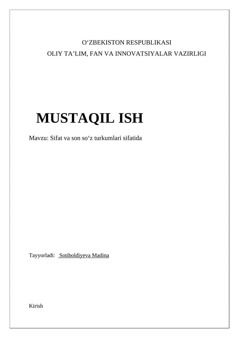 Sifat va son soʻz turkumlari sifatida