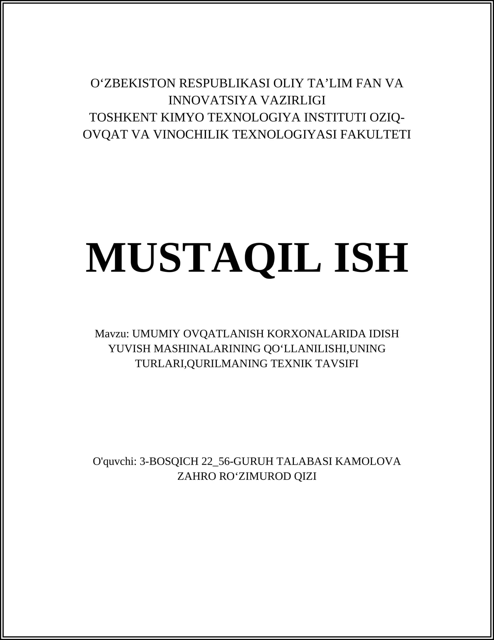 UMUMIY OVQATLANISH KORXONALARIDA IDISH YUVISH MASHINALARINING QO‘LLANILISHI,UNING TURLARI,QURILMANING TEXNIK TAVSIFI