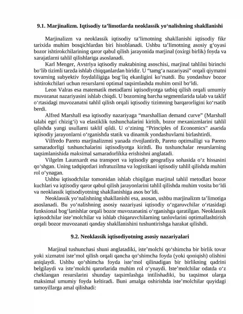 Marjinalizm va Neoklassik Iqtisodiy Ta’limot