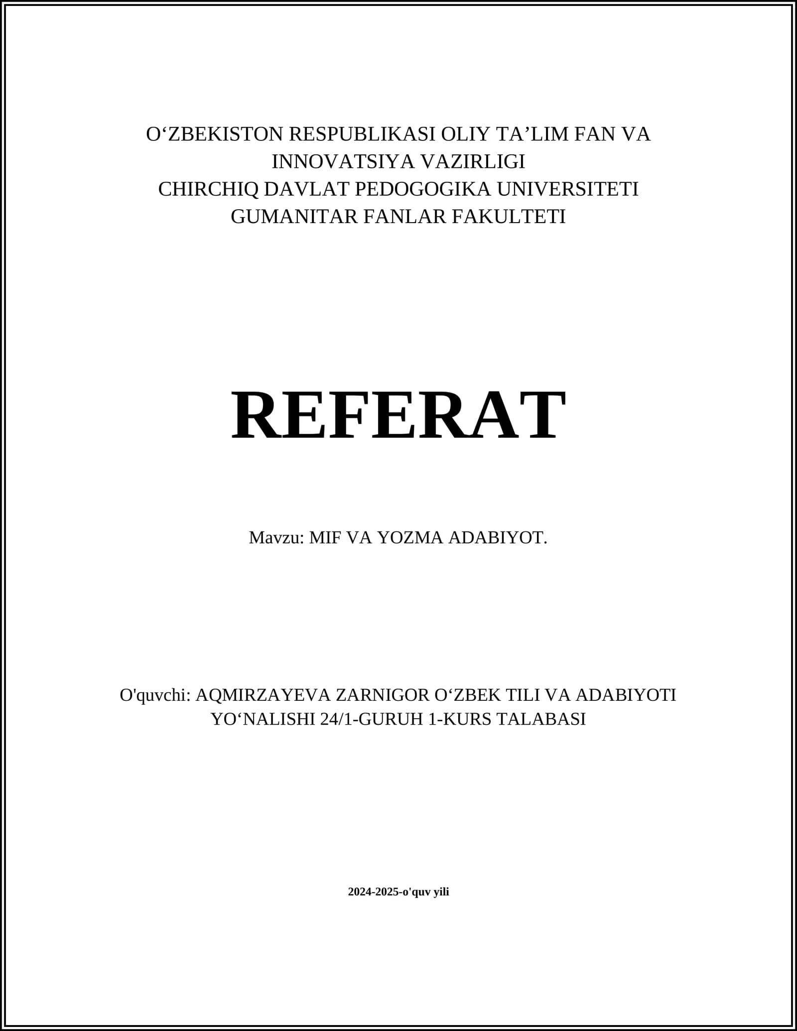 MIF VA YOZMA ADABIYOT