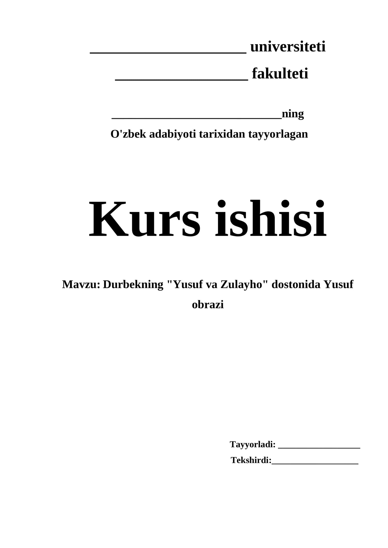 Yusuf obrazi va uning badiiy tafsifi mavzusida tayyor kurs ishi