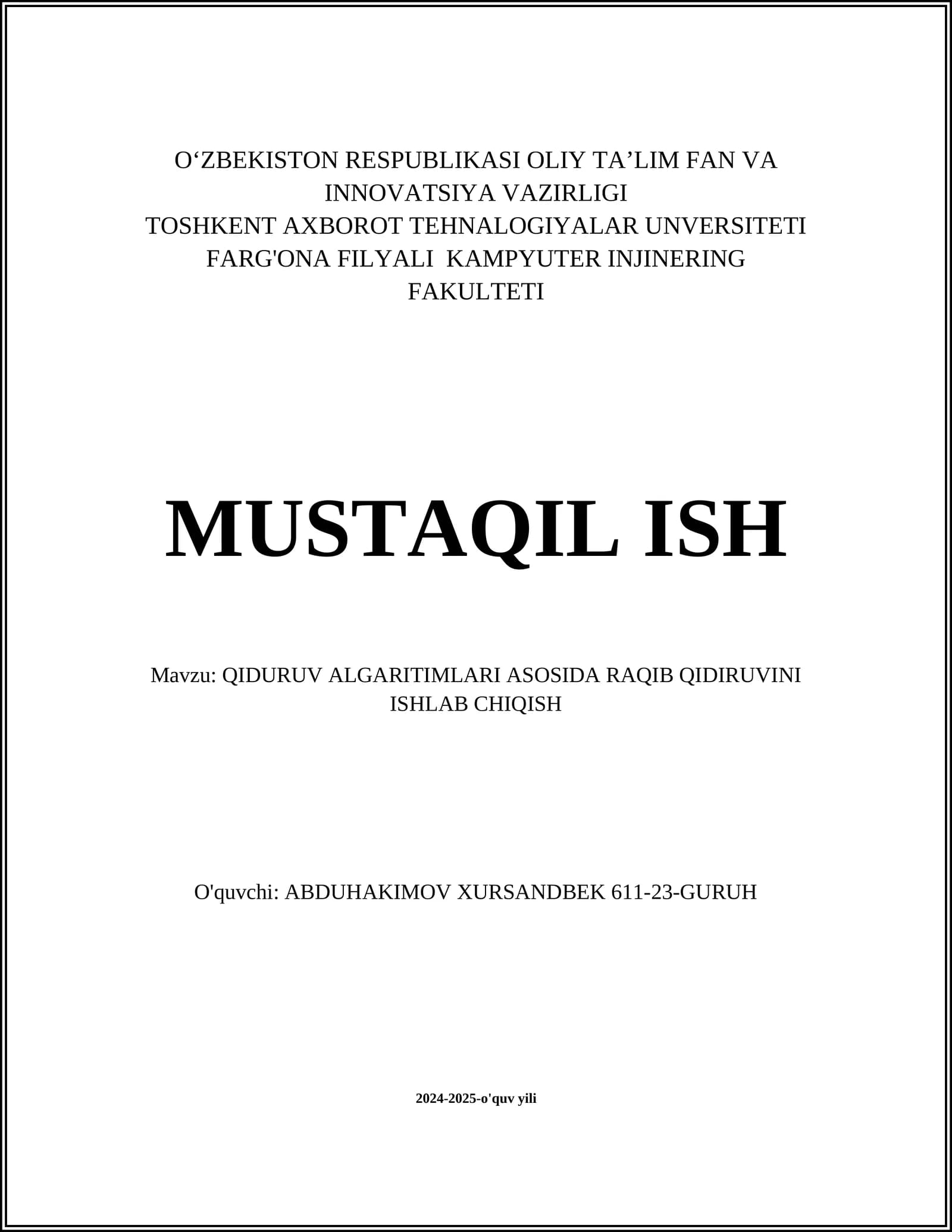 QIDURUV ALGARITIMLARI ASOSIDA RAQIB QIDIRUVINI ISHLAB CHIQISH