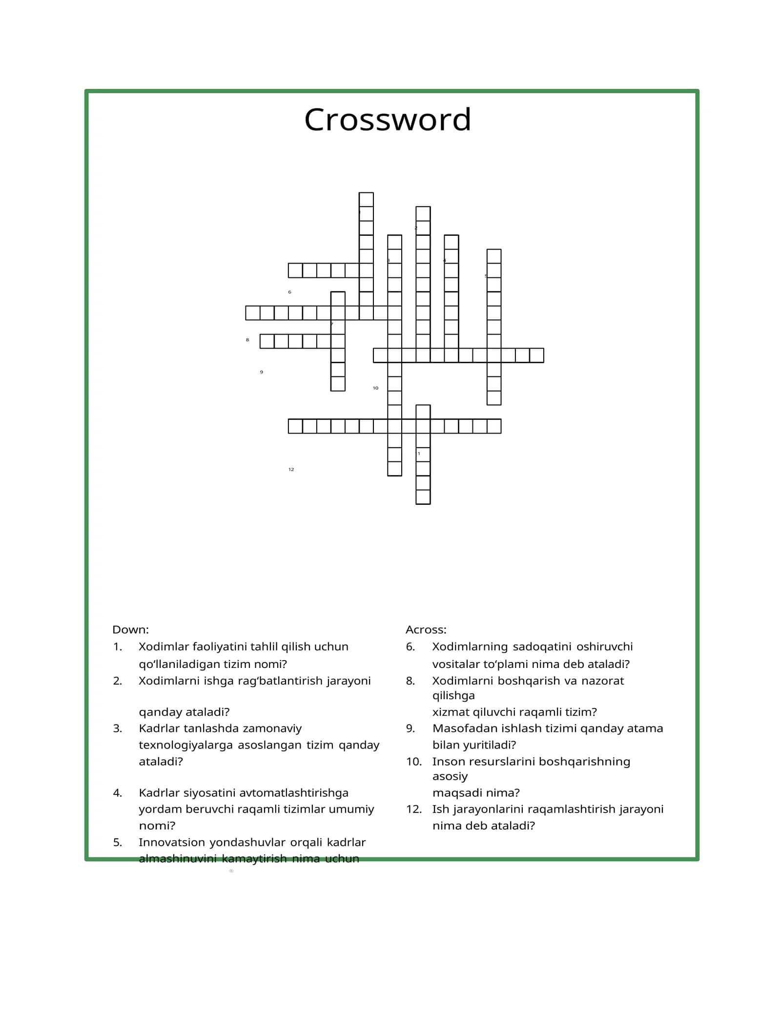 Crossword inson resurslarini boshqarish fanidan