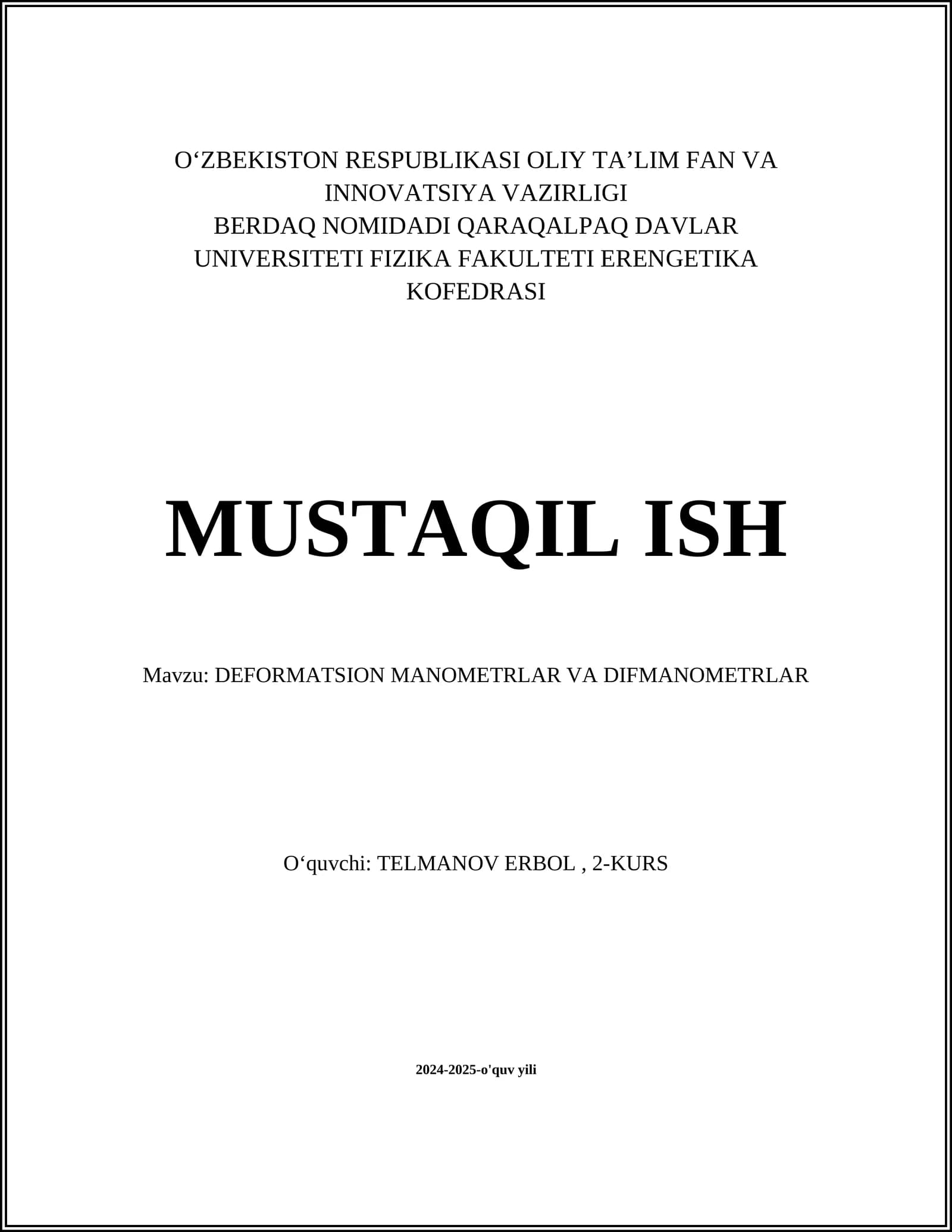 DEFORMATSION MANOMETRLAR VA DIFMANOMETRLAR