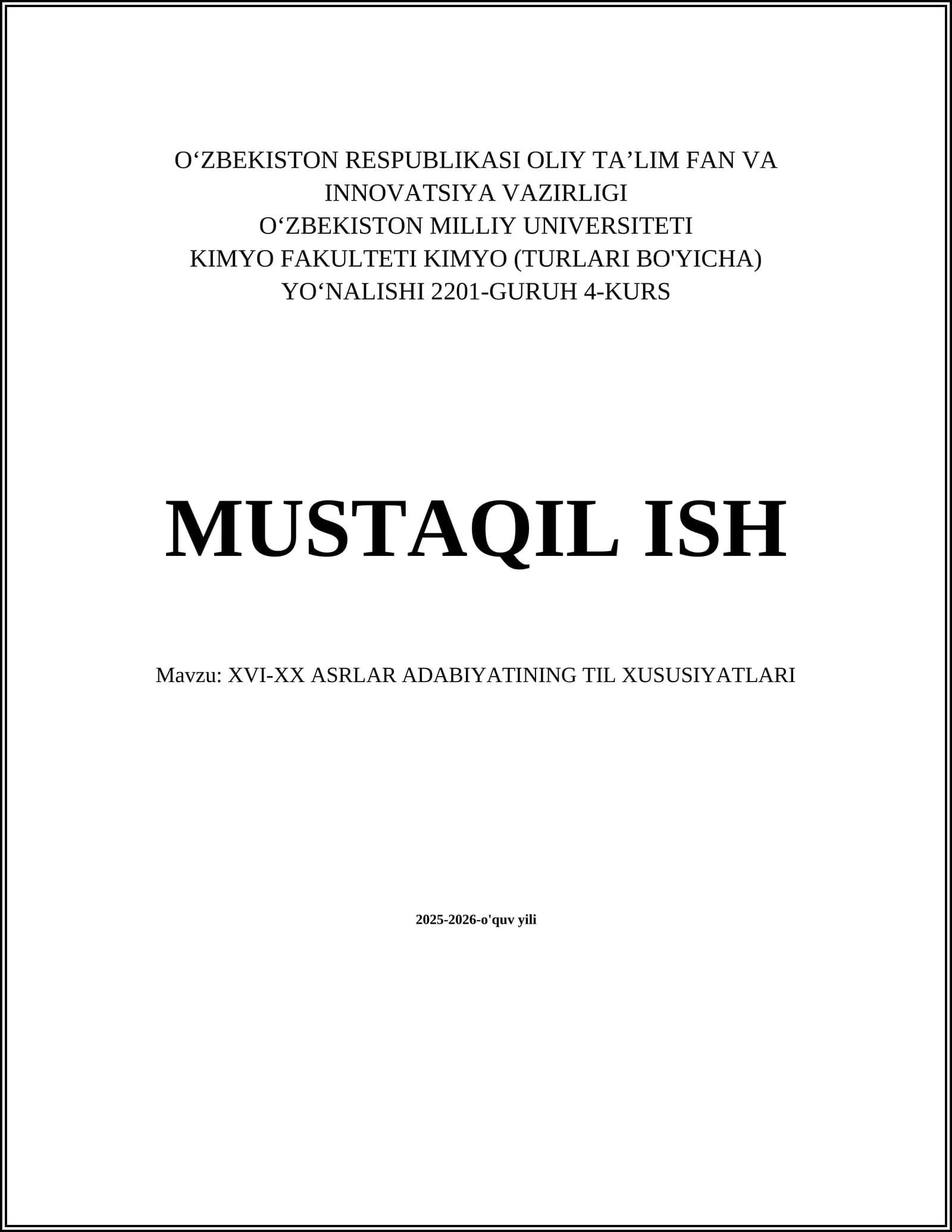 XVI-XX ASRLAR ADABIYATINING TIL XUSUSIYATLARI