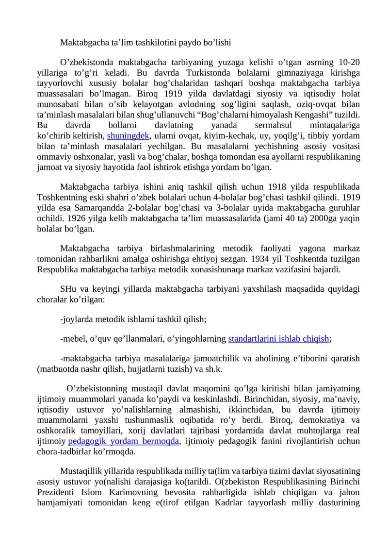 Maktabgacha ta’lim tashkilotini paydo bo’lishi