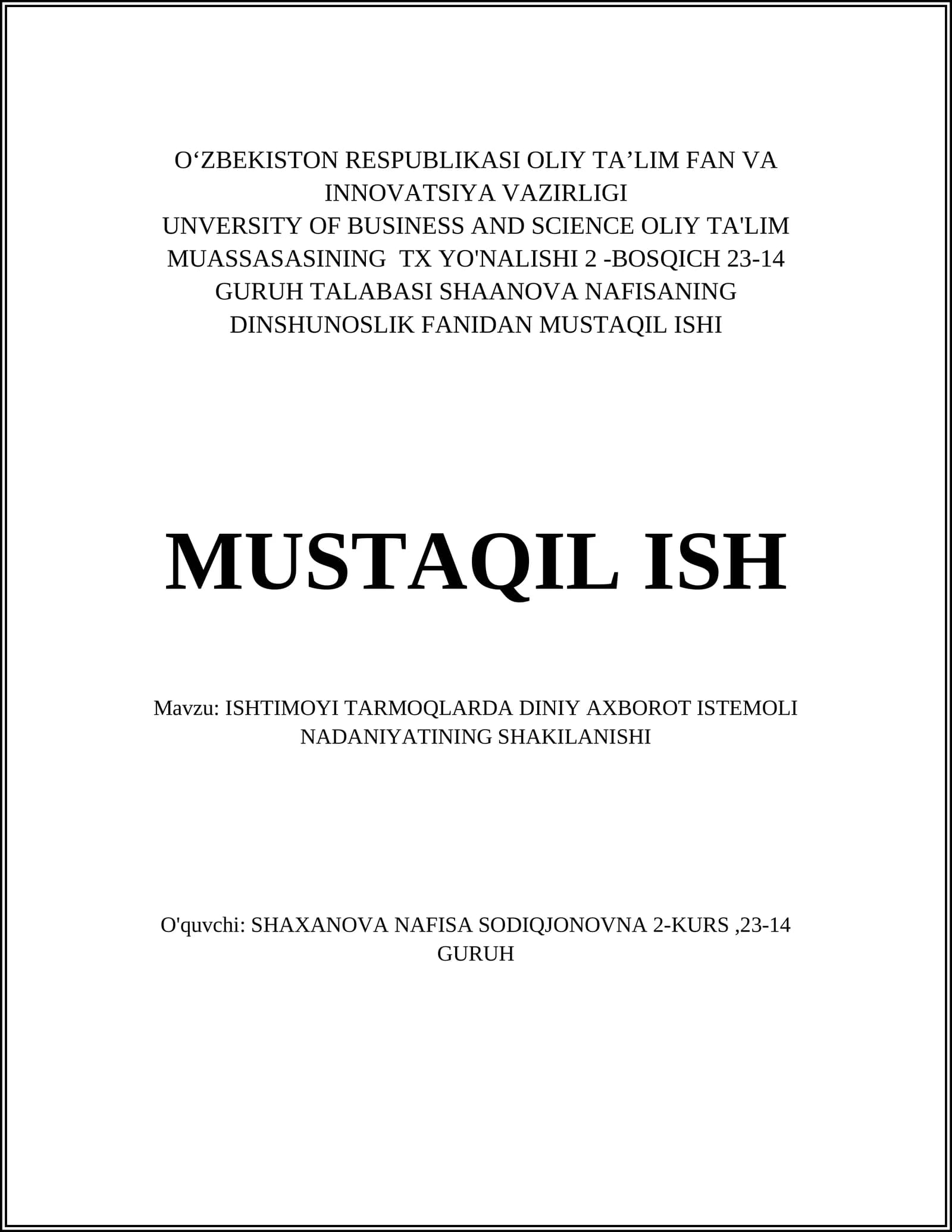 ISHTIMOYI TARMOQLARDA DINIY AXBOROT ISTEMOLI NADANIYATINING SHAKILANISHI